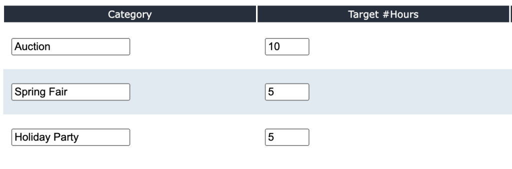Parent Booker interface showing multiple service hour targets for school auction, spring fair, and holiday party, tracking parent progress.